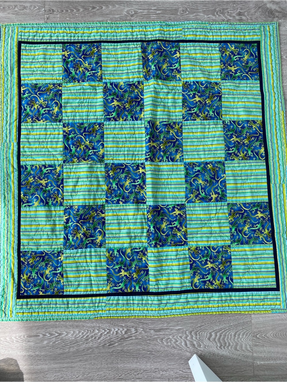 Vintage Lizard print - Blue & Green Patchwork baby Quilt / small blanket